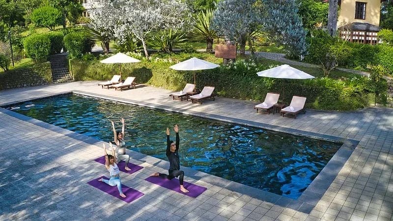 Yoga buổi sáng bên hồ bơi