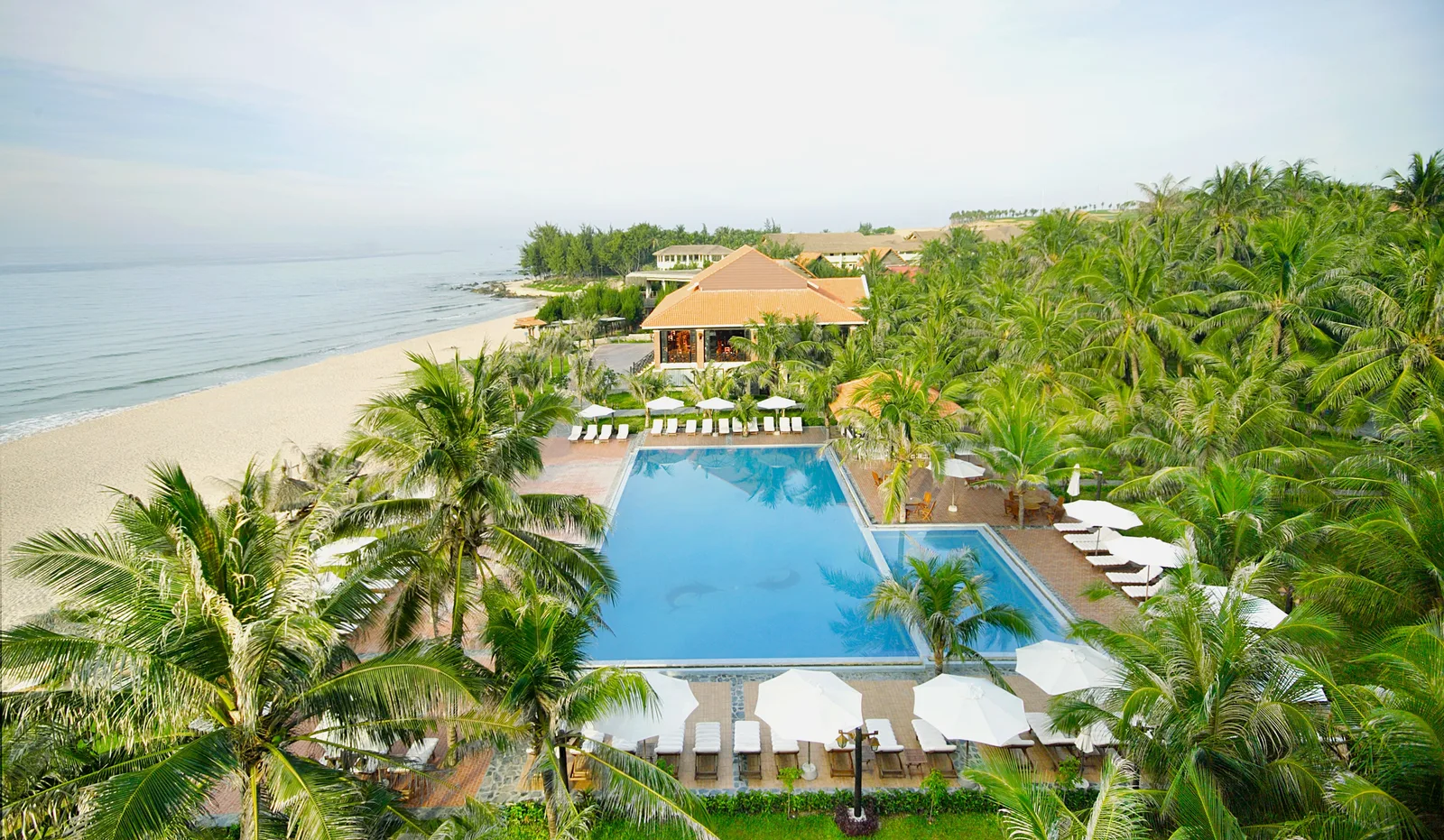Sea Lion Beach Resort & Spa nhìn từ trên cao: bãi cát trắng dài bên trái, hồ bơi lớn với hàng dù trắng giữa rừng dừa, nhà hàng mái ngói phía sau